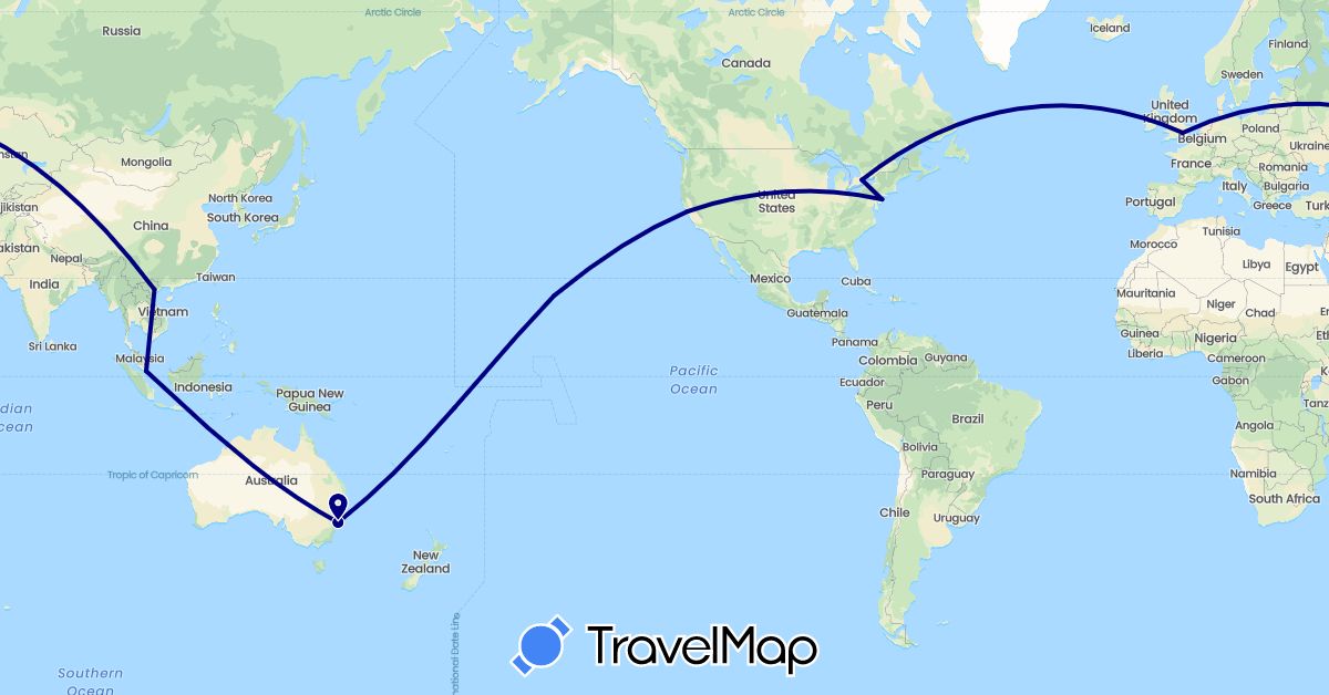 TravelMap itinerary: driving in Australia, Canada, United Kingdom, Singapore, United States, Vietnam (Asia, Europe, North America, Oceania)